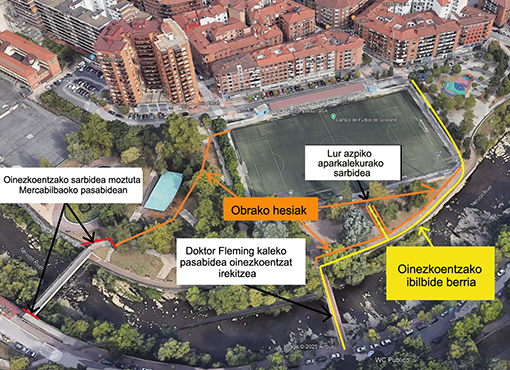 Desvío peatonal de pasarelas en el parque de Soloarte por la rehabilitación del muro obrasok